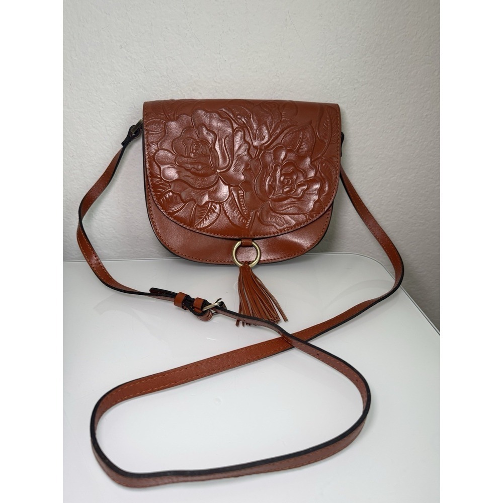 Patricia Nash Brinlee Leather Saddle Crossbody Bag Tassel Brown Cinnamon Tooled